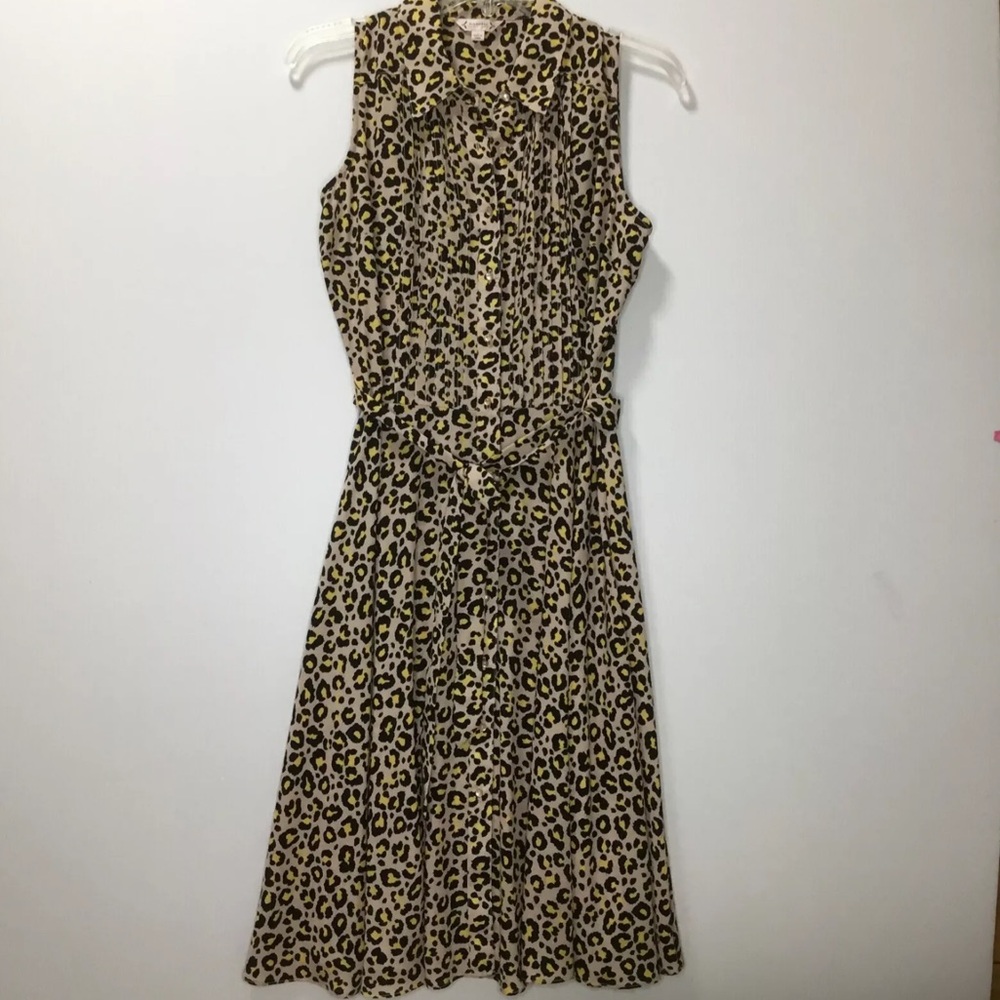 Nanette Lepore SZ 2 Leopard Print Button Front Tie Yellow Black Dress Mob Wife